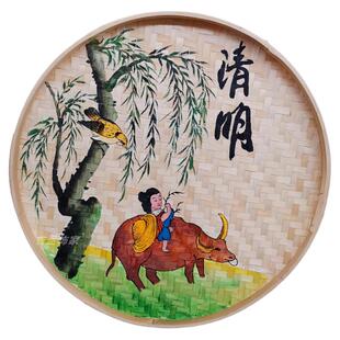 手绘竹编簸箕画二十四节气农家乐挂件幼儿园竹匾乡村背景墙面装饰
