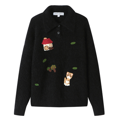 ANDREA MARTIN冬新款卡通刺绣翻领针织衫女宽松百搭休闲毛衣