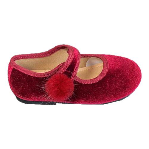 女童公主鞋国风汉服鞋小众百搭丝绒鞋春秋小女孩红色毛球可爱单鞋