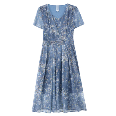 短袖碎花蕾丝时尚妈妈夏装连衣裙