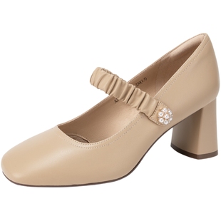 【徐若晗爱你同款】千百度粗高跟鞋羊皮玛丽珍鞋小香风女单鞋百搭