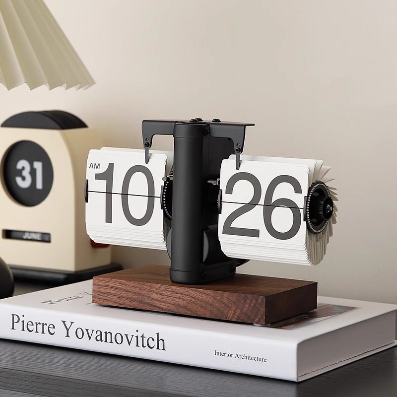 胡桃木自动翻页时钟客厅欧式机械家居实木摆件装饰品电视柜座钟