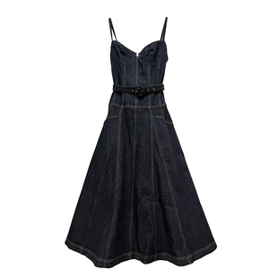 春装新款女装深蓝色牛仔收腰修身连衣裙海边度假时尚性感吊带长裙