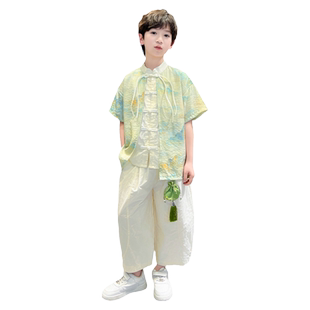 儿童装男童夏季汉服套装2025新款古风夏装短袖唐装男孩中国风潮装