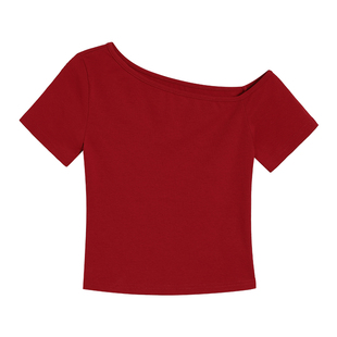 pusumede穿搭秘籍|露肩短袖t恤短款修身女气质斜肩设计感正肩上衣