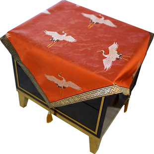 仙鹤中式桌布古典中国风方形防尘布冰箱盖布酒红色床头柜茶几盖巾
