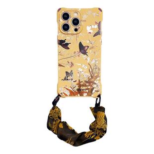 复古风棕花蝶手机壳16promax斜挎侧背挂绳适用华为小米14苹果iPhone15防摔mate60pro手提nova12女pura70软壳