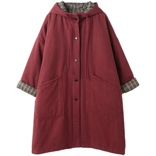 孔雀飞飞 版型爆赞 2025冬装新款韩版大码遮肉复古连帽中长款棉衣