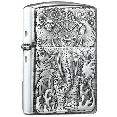 zippo打火机纯银盔甲六牙神象
