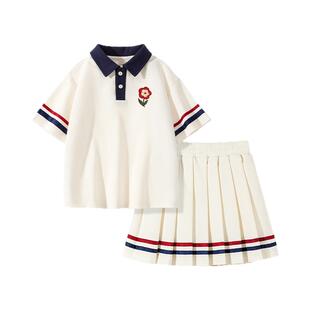 拉夏贝尔女童夏季套装裙子大童jk学院风运动夏装儿童polo短袖t恤