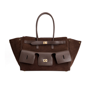 新款真皮麂皮女包包锁扣中性复古休闲通勤大容量托特包手提单肩潮