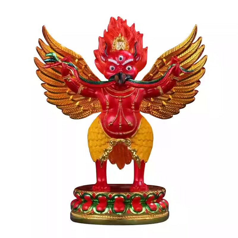 藏式合金彩绘金翅大鹏鸟佛像摆件精工全彩绘莲花座护法大鹏鸟摆件