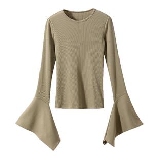 【微醺甜酒】面膜肤感 自留款圆领喇叭袖修身显瘦罗纹针织打底衫