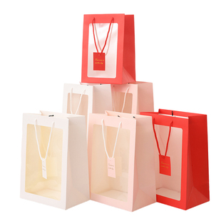 透明橱窗手提袋鲜花包装手伴手拎袋礼品开窗袋七夕节手办玩偶礼袋