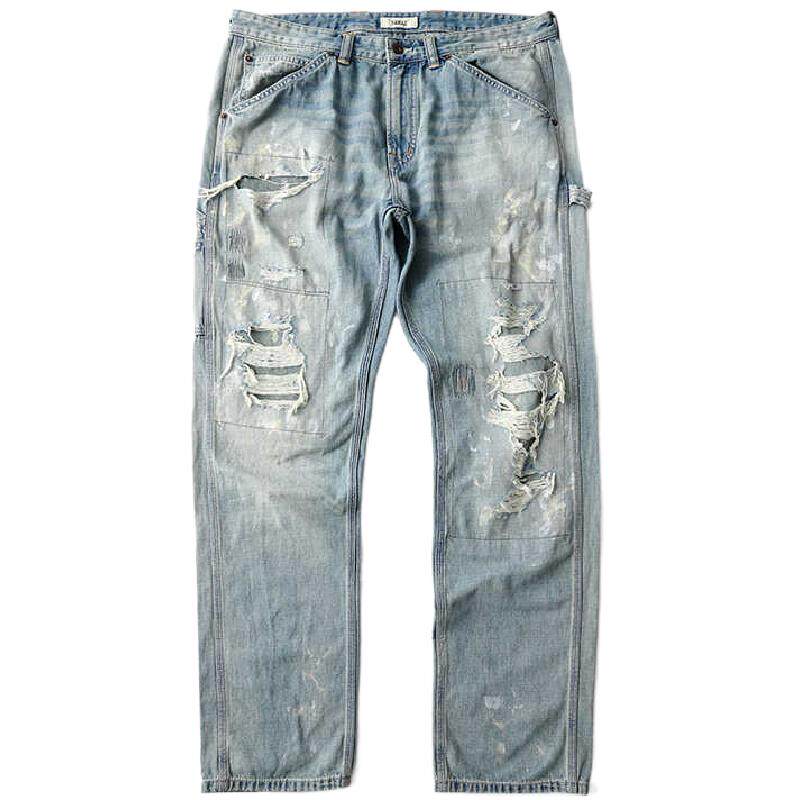 实年服工040秋季水洗泼墨破烂补丁直筒牛仔裤男宽松百搭休闲长裤