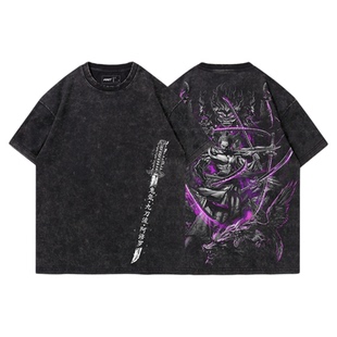 TEE7-经典海贼王索隆九刀流阿修罗水洗做旧原宿风纯棉宽松短袖T恤