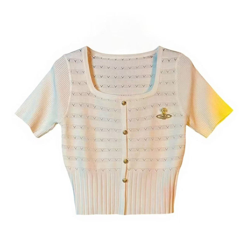 小香风冰丝针织衫短袖女薄款镂空罩衫外搭2025夏季新款短款上衣