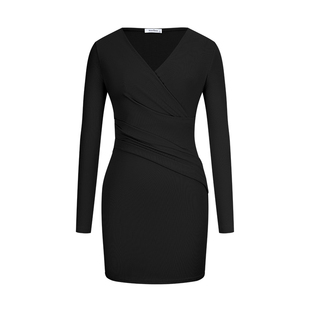 MosesQueen魔西女王黑色v领长袖连衣裙女春季修身显瘦包臀短裙子