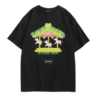 ICYNUDE官方店旋转木马T恤设计感图案宽松上衣女夏季新款休闲短袖