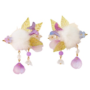 汉服女童冬款古风头饰儿童国风仙气流苏对夹女孩古装紫色毛球发饰