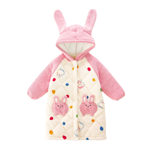 女童珊瑚绒睡袍秋冬加厚儿童连帽卡通小兔家居服可爱保暖长款睡衣