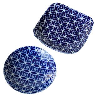 现货日本进口美浓烧七宝蓝染盘子水果盘菜盘平盘碟子方盘餐具家用