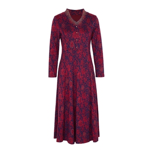 马天奴2025秋冬新款枣红色烫钻V领印花连衣裙子收腰长袖气质女