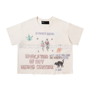 Play Hollywood小众手绘涂鸦烫钻破坏水洗boxy短袖美式休闲T恤Tee