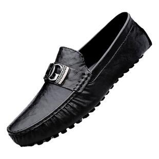 男鞋套鞋黑色一脚蹬休闲皮鞋真皮软底低帮休闲皮鞋大码皮鞋金属扣
