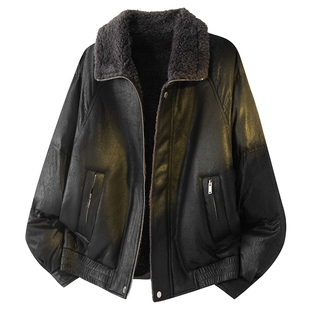 男士翻领加绒皮夹克男款高级感痞帅2025新款冬季保暖外套皮衣潮流