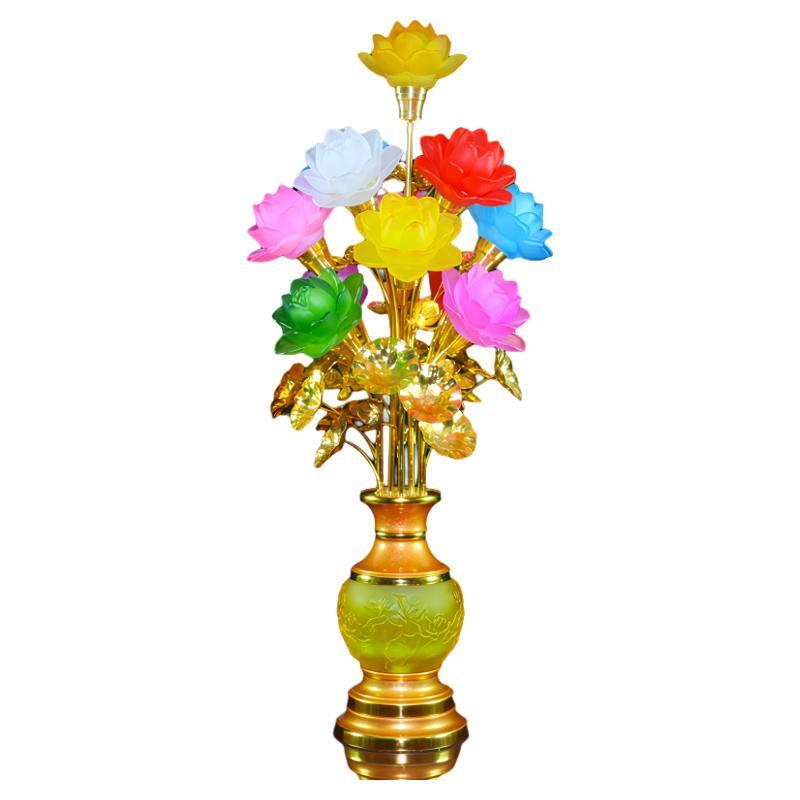 led家用七彩水晶琉璃莲花灯佛供灯佛前佛堂观音菩萨九品 插电款