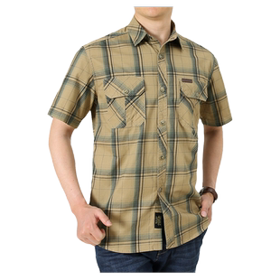 纯棉短袖衬衫男士格子衬衣宽松商务美式休闲百搭夏季薄款翻领上衣