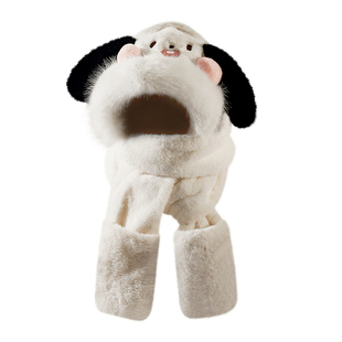 耳朵会动的帽子围脖手套一体女冬季可爱小狗毛绒帽保暖护耳三件套