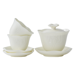 花开中国 华光国瓷华玉瓷盖碗茶具套装茶杯高档精致6头茶盖碗荷风