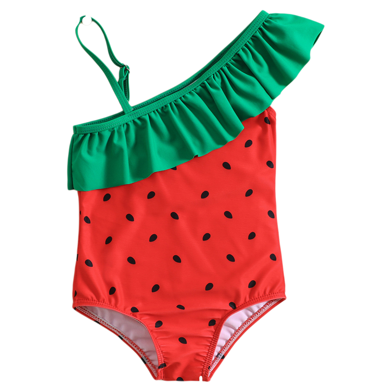 KIKOBABY SWIMWEAR女婴儿夏季荷叶边泳装斜肩一体式西瓜 女宝泳衣