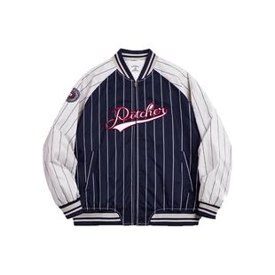 马登工装美式复古条纹棒球夹克字母刺绣徽章撞色拼接休闲外套男春