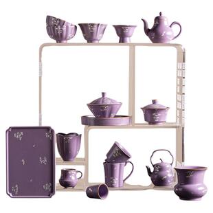 新品紫色室内功夫茶具银竹盖碗茶杯套装高档陶瓷泡茶碗茶杯茶盘