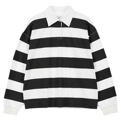 韩国直邮宽松条纹纯棉polo衫长袖