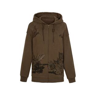 XG雪歌新中式花卉印花短外套时尚冬季新款咖啡色连帽长袖外套女装