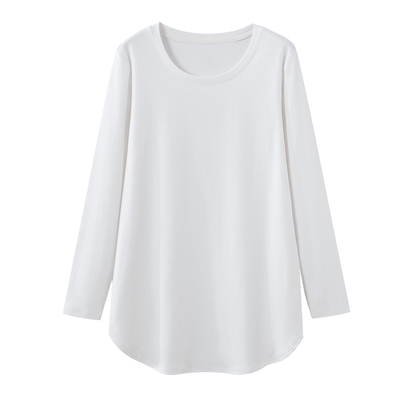 长袖t恤女中长款适中弧形纯棉