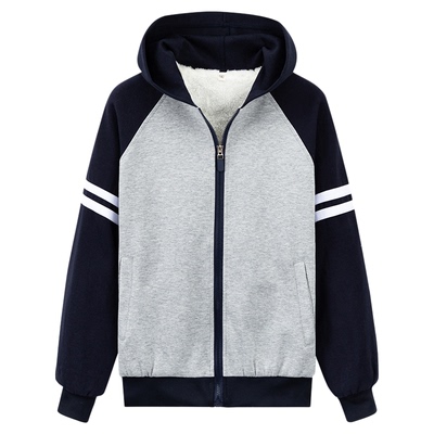 藏青浅灰带帽加绒运动装套装