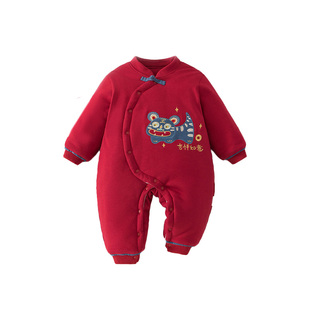 哇哇婴儿拜冬年服新中式宝宝红色连体衣夹棉百天周岁小月龄外出服