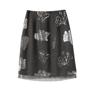 淘么淘 纸醉金迷 优雅老钱珠片钉珠刺绣拼接蕾丝毛呢直筒半身裙女