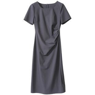 Lavinia气质通勤方领短袖连衣裙2025春新款百搭显瘦褶皱开叉裙子