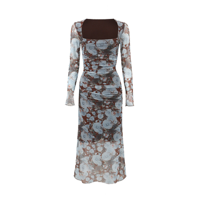 法式复古印花连衣裙长袖