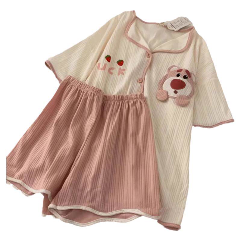 ins夏季新款睡衣女薄款短袖纯棉卡通草莓熊夏天网红风家居服学生