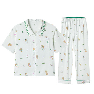 嫚熙女士睡衣夏季薄款吸湿柔顺冰丝流光绸家居服套装情侣短袖新品