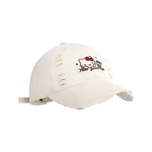 甜美可爱刺绣Kitty猫破洞棒球帽女生宽帽檐大头围显脸小鸭舌帽子
