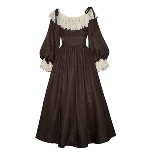 弥爱原创《褐羽沉檀》法式宫廷复古蕾丝束腰灯笼袖提花肌理连衣裙