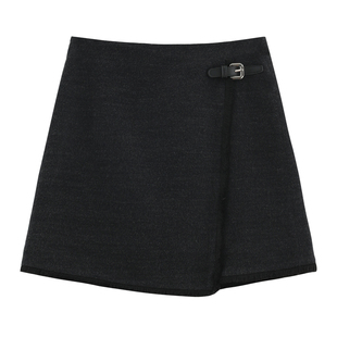 【塔尔】重工立体裁剪羊毛混纺皮带扣百搭高腰流苏毛呢半身裙-383